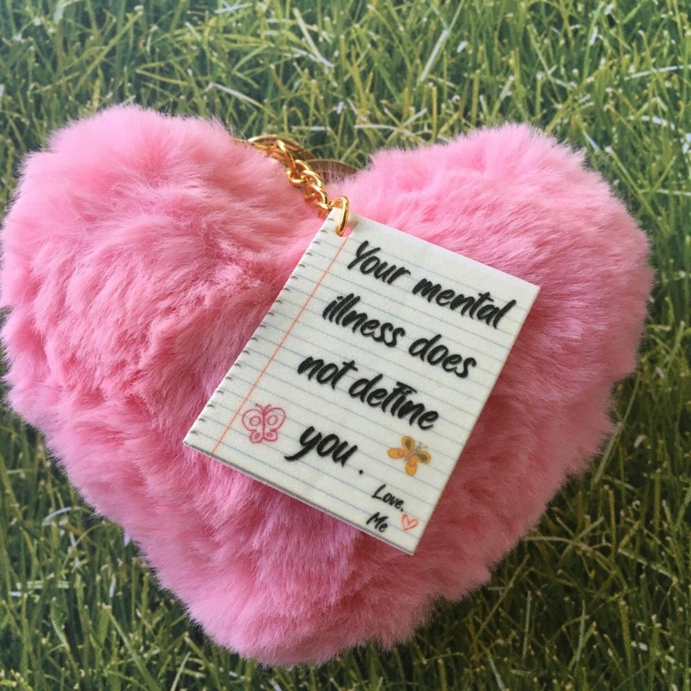 Mental Health Fuzzy Heart Keychain Pink